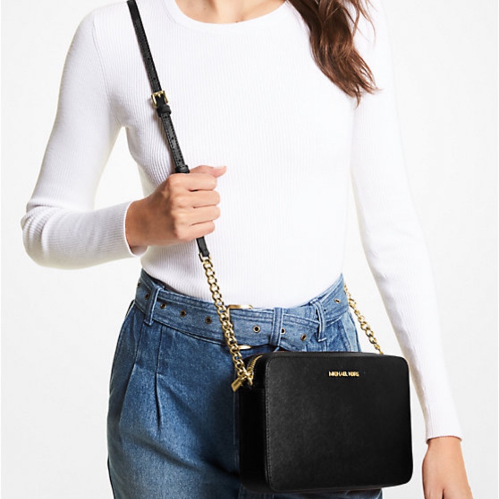 New Michael Kors Black and Gold Saffiano Leather Crossbody Bag - Picture 7 of 9